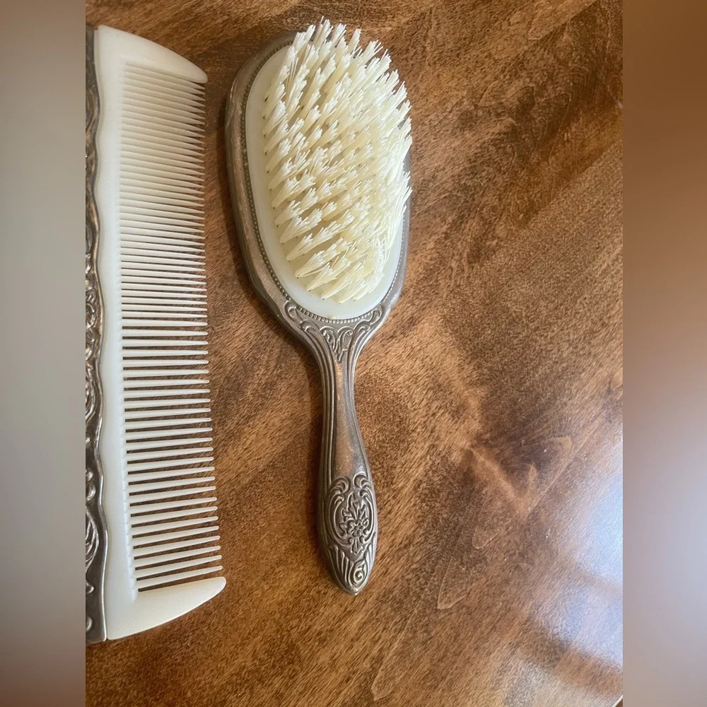 Vintage Art Deco Silver Plate Vanity Set w/Hand Mirror, Comb, and Handled Brush